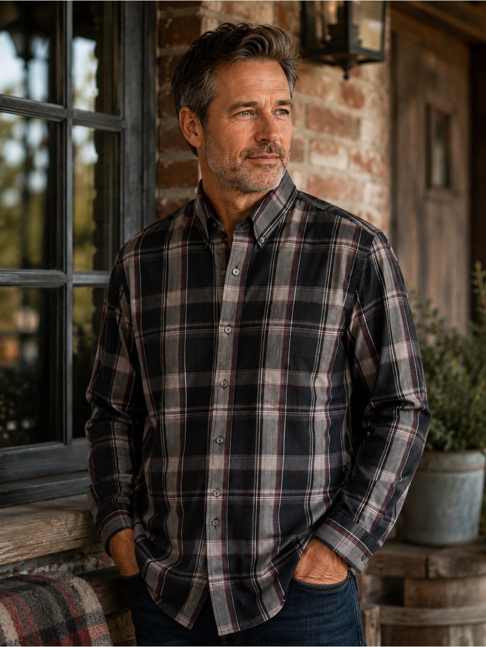 Dockers Black, Gray & Burgundy Plaid Button-Down Shirt